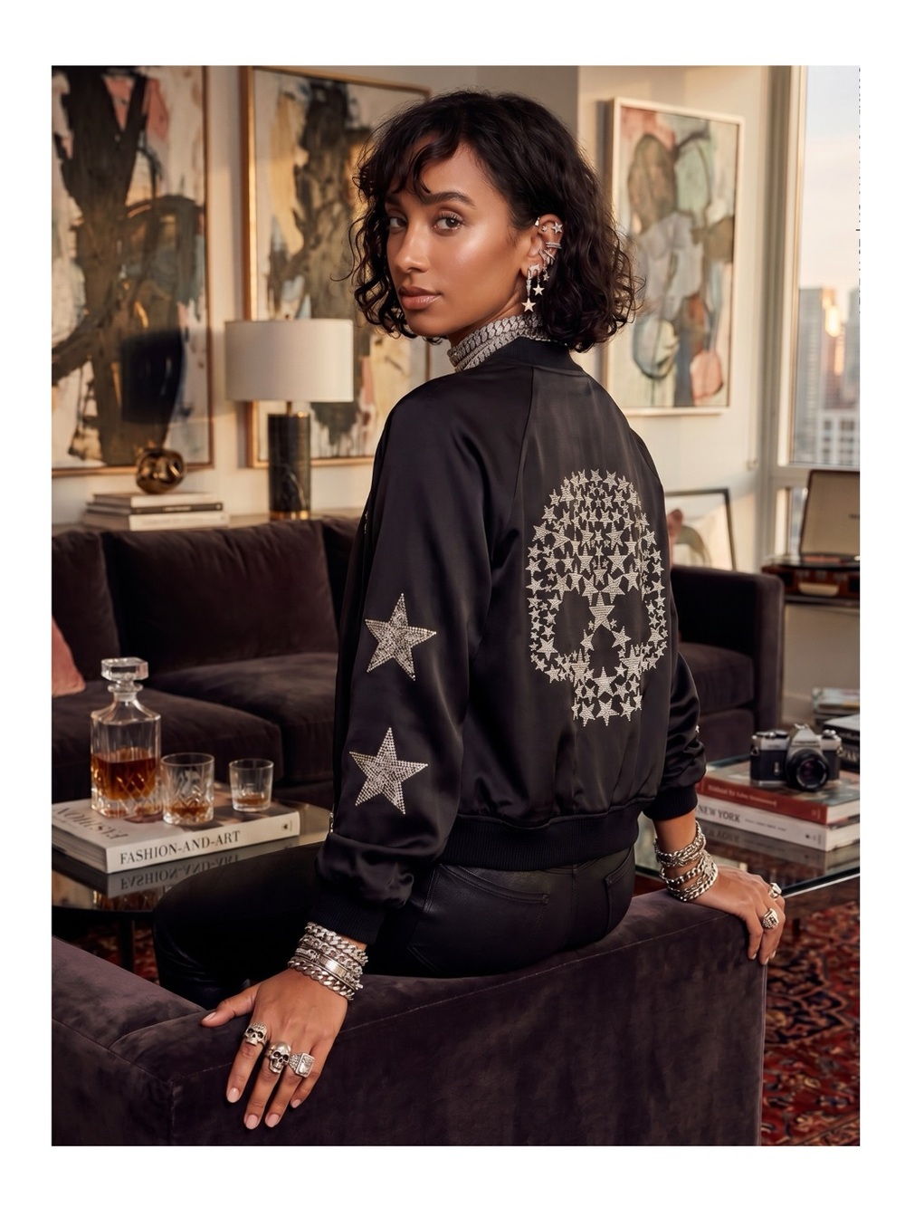 Lauren Moshi ☻︎ Levelle Star Skull Satin Bomber Jacket ☻︎Black Silver Hot Pink